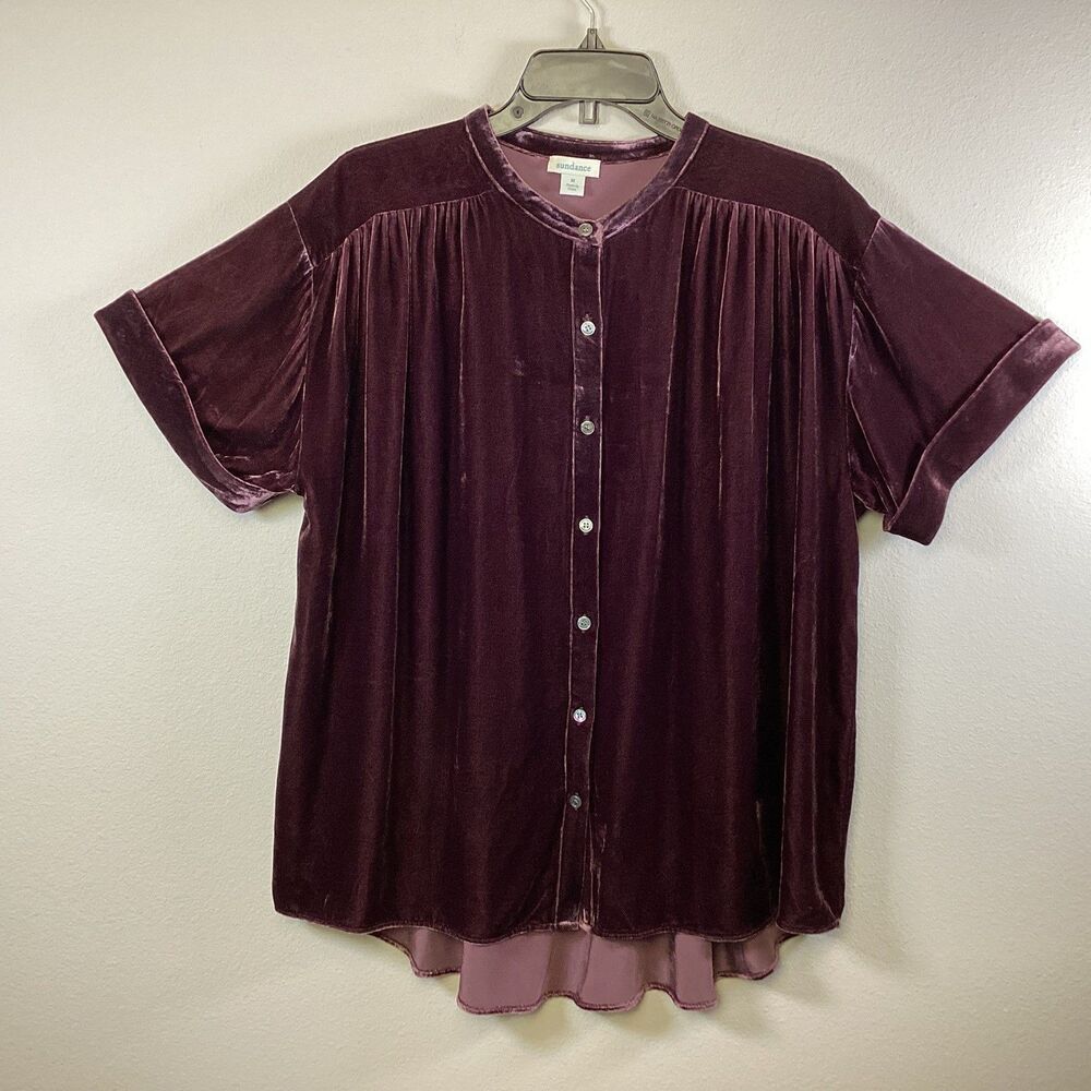 Sundance Silk Blend Purple Velvet Blouse Top Size M Short Sleeve Button Up